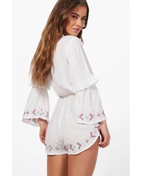 Boohoo Petite Petra Lace Up Detail Embroidered Playsuit