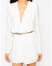 John Zack Petite Plunge Wrap Front Belted Romper With Flare Sleeve