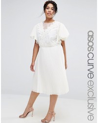 White Pleated Crochet Midi Dress