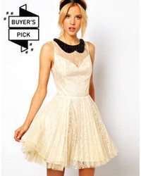 Asos Lace Skater Dress With Pleated Skirt