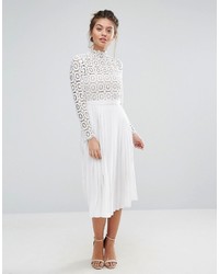 White Pleated Lace Midi Dress