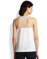 Twelfth St. By Cynthia Vincent Twelfth Street By Cynthia Vincent Cotton Silk Embroidered Mesh Yoke Tank
