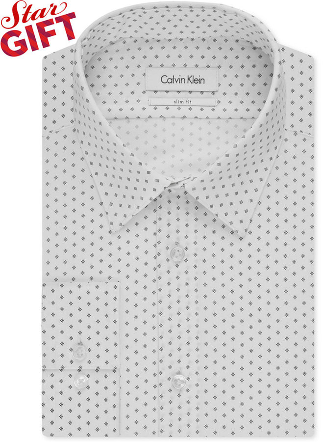 Calvin Klein Slim Fit White Patterned Dress Shirt, $65 | Macy's | Lookastic
