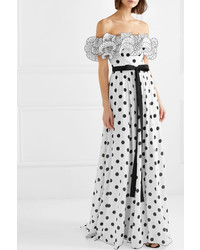 Andrew Gn Ruffled Off The Shoulder Polka Dot Silk Crepe De Chine Gown