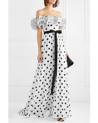 Andrew Gn Ruffled Off The Shoulder Polka Dot Silk Crepe De Chine Gown