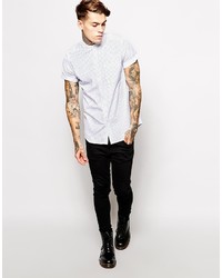 Asos Brand Shirt In Short Sleeve With Polka Dot Print And Grandad Collar