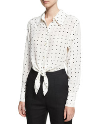 Diane von Furstenberg Long Sleeve Dotted Front Tie Shirt White