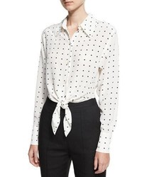 Diane von Furstenberg Long Sleeve Dotted Front Tie Shirt White