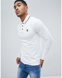 Replay Logo Long Sleeve Polo With Tipped Collar In White