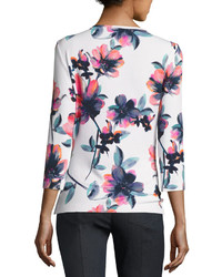 St. John Collection Naveena Floral Print Jersey 34 Sleeve Top Whitemulti