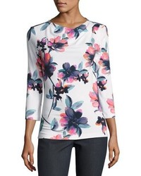 St. John Collection Naveena Floral Print Jersey 34 Sleeve Top Whitemulti