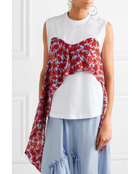 MSGM Printed Crepe Trimmed Cotton Jersey Top White