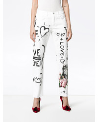 Dolce & Gabbana White Handwritten Print Boyfriend Jeans