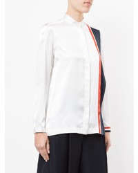 Thom Browne Band Collar Blouse With Repp Stripe Inserts In White Silk Charmeuse