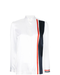 Thom Browne Band Collar Blouse With Repp Stripe Inserts In White Silk Charmeuse
