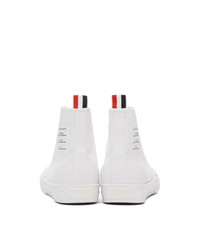 Thom Browne White Vulcanized 4 Bar High Top Sneakers