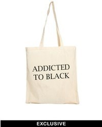 Reclaimed Vintage Addicted To Black Canvas Tote Bag Beige