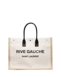 Saint Laurent White And Beige Rive Gauche Logo Canvas Bag