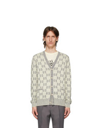 Gucci Off White And Navy Jacquard Gg Cardigan