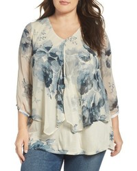 Lucky Brand Plus Size Floral Print Mixed Media Top