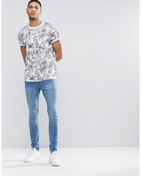 Asos Brand T Shirt With Sketchy Floral Monochrome Print And Roll Sleeve