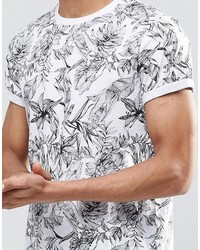 Asos Brand T Shirt With Sketchy Floral Monochrome Print And Roll Sleeve