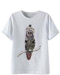 Romwe Cartoon Owl Print White T Shirt