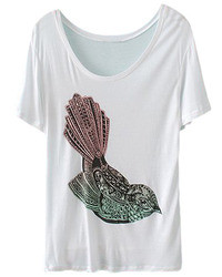 Romwe Coloured Bird Print White T Shirt