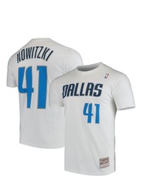 Mitchell & Ness Dirk Nowitzki White Dallas Mavericks Hardwood Classics Team Name Number T Shirt