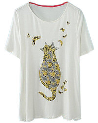 Romwe Gilding Cat Butterfly Print White T Shirt