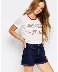 Glamorous Tipped Ringer T Shirt With Good Vibes Print
