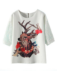 Romwe Lace Deer Pearls White T Shirt