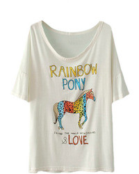 Romwe Letters Horse Print White T Shirt