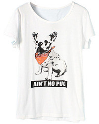 Romwe Letters Wearing Red Scarf Pug Print White T Shirt