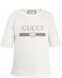 Gucci Logo Print Cotton Blend Mesh T Shirt