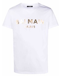 Balmain Logo Print Metallic T Shirt