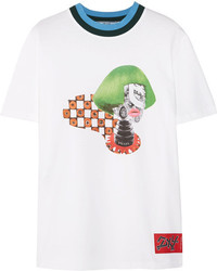 Prada Ribbed Knit Trimmed Printed Cotton Jersey T Shirt White