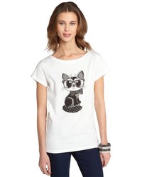 French Connection White Cotton Geeky Cat Graphic Short Sleeve Tee