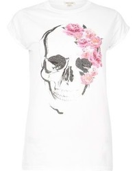 River Island White Floral Skull Print Boyfriend T Shirt