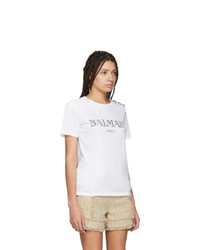 Balmain White Metallic Logo T Shirt