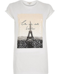 River Island White Sequin Paris Print Fitted T Shirt