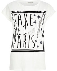 River Island White Take Me 2 Paris Print Fitted T Shirt