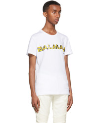 Balmain White Yellow Graphic Logo T Shirt