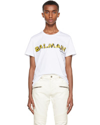 Balmain White Yellow Graphic Logo T Shirt