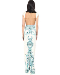 Just Cavalli Backless Keyhole Gown In Peacock Print