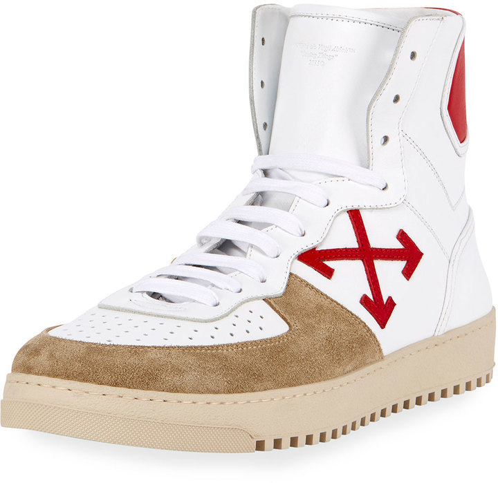 Off-White Leather High-Top Sneakers (1.935 RON) ❤ liked on Polyvore  featuring men's fashion, men'…