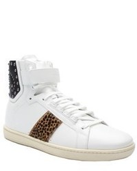 Saint Laurent Leather Metal Studded Cheetah Print High Top Sneaker Shoes Whiteblack