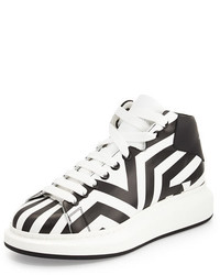 Alexander McQueen Stripe Print Leather High Top Sneaker Blackwhite