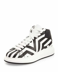 Alexander McQueen Stripe Print Leather High Top Sneaker Blackwhite