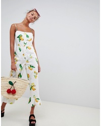 ASOS DESIGN Cotton Frill Hem Jumpsuit With Square Neck And Button Detail In Fruit Print
